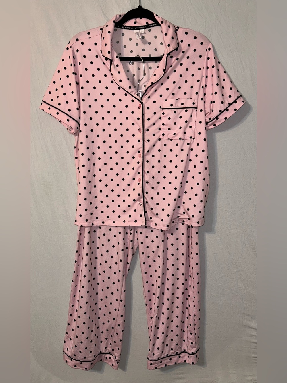 Joy Spun Pink Polka Dot Pajama Set with Contrast Trim Large Capri Length Pockets